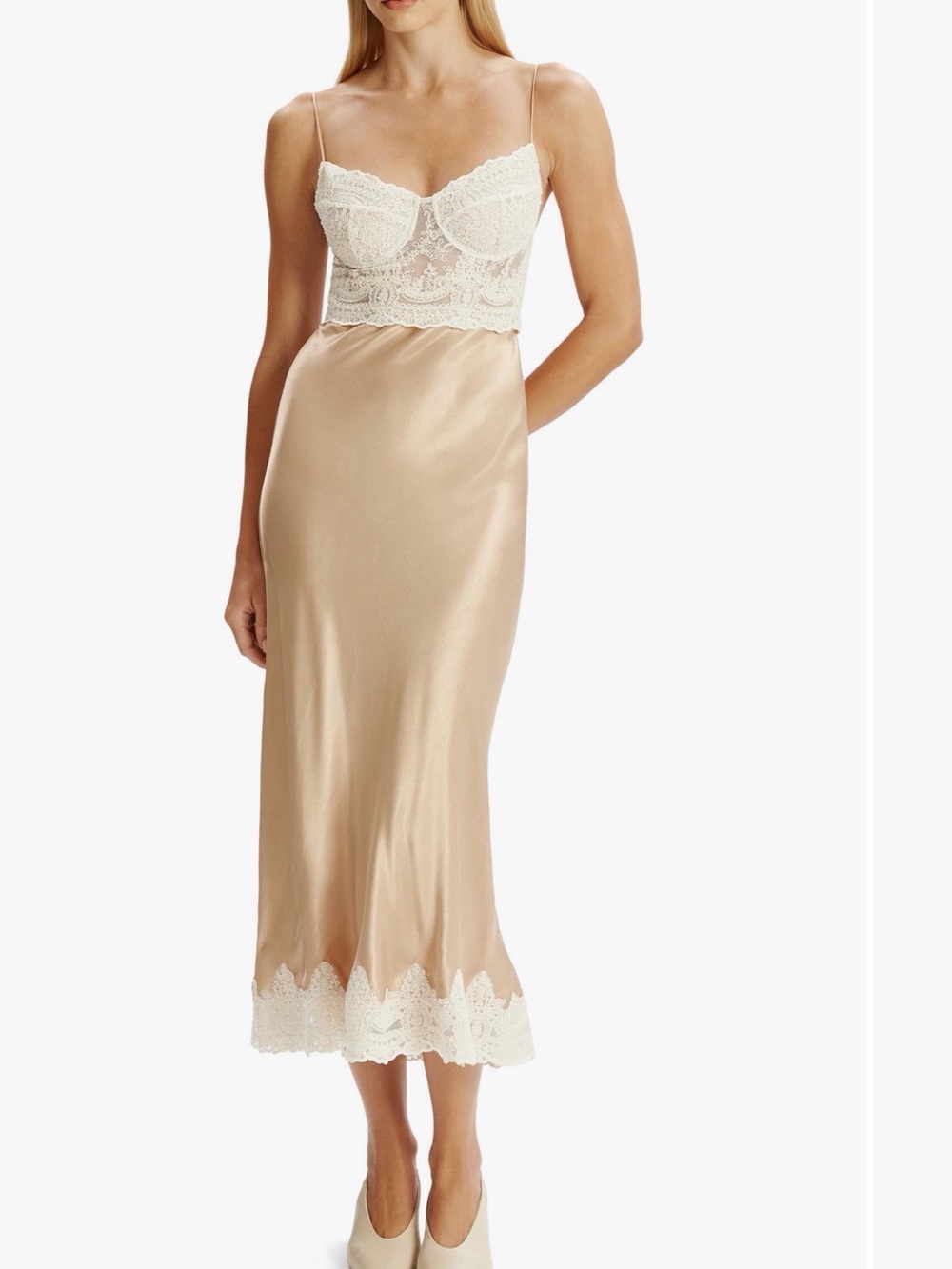 Bardot Champagne Satin Slip Dress with Ivory Lace Bodice